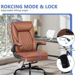Executive Office Chair, Big and Tall Leather Ergonomic Office Chair, High Back Home Office Desk Chairs with Flip-Up Arms, Lumbar Support Computer Swiv