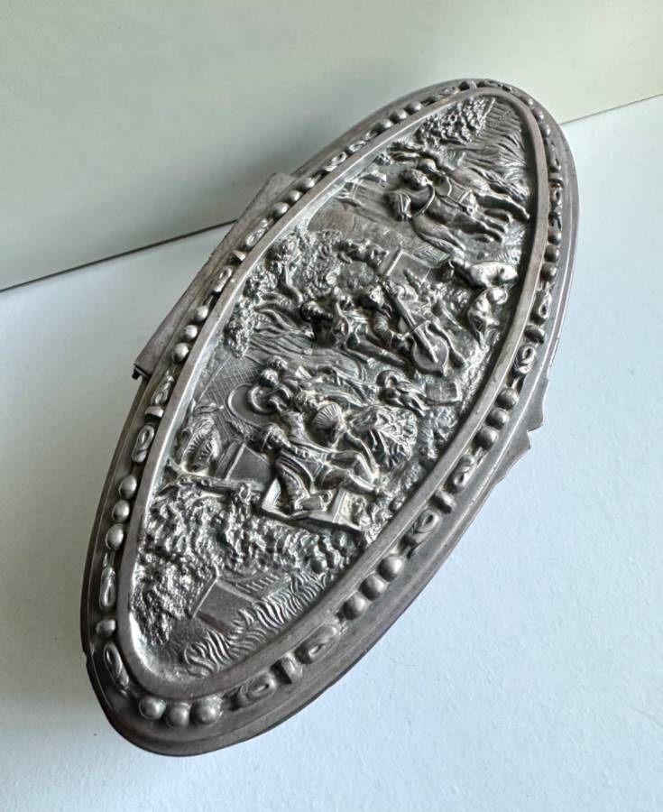 Antique Jennings Brothers J B 2555 Silver Plated Footed Colonial Scene Jewelry Casket Trinket Box