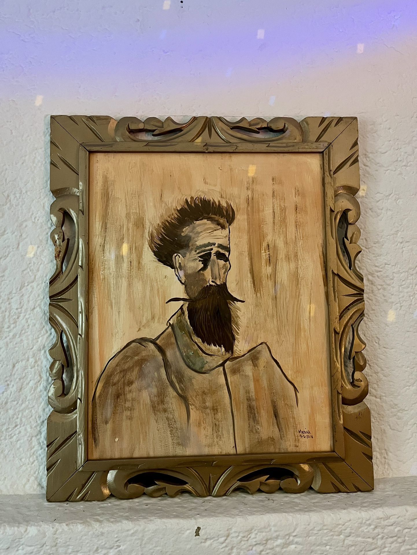 Hand-Painted Folk Art Portrait, Purchased Directly from Artist in El Paso (2016) – Carved Wood Frame