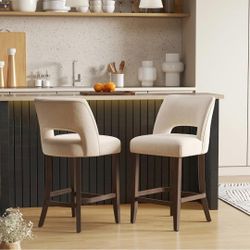 Bar Stools Set of 2, Upholstered Counter Height Bar Stools, Modern Counter Stools with Wood Legs for Kitchen Island Dining Room Bar, Beige