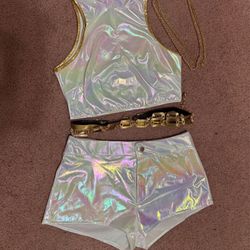New Medium white iridescent top shorts set outfit festival rave gold cosplay