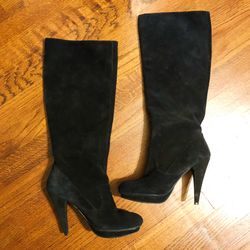 BCBG Generation Black Leather Suede Heeled Knee High Boots 6.5