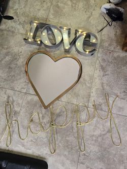 Lot Of 3 Wall Art Pieces Love Happy Heart Mirror Room Decorations Positive Affirmation Metal Decor