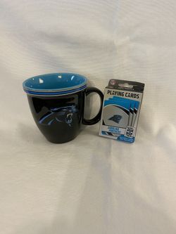Carolina Panthers coffee cup and playing cards