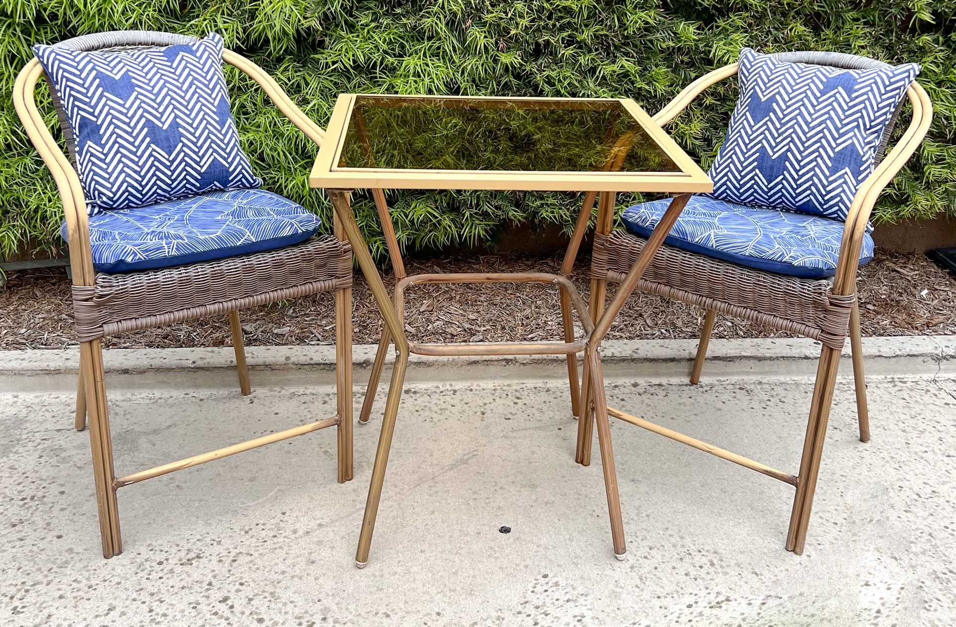 3 Piece Rattan Tan and Metal Bamboo Bistro High top Patio Set with Glass Table Top - Must go ASAP!