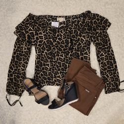 2025 Style Trend =Animal Print =Nwt Michael Kors Leopard Print Layered Ruffle Off-the-Shoulder Long Sleeve Top Size M