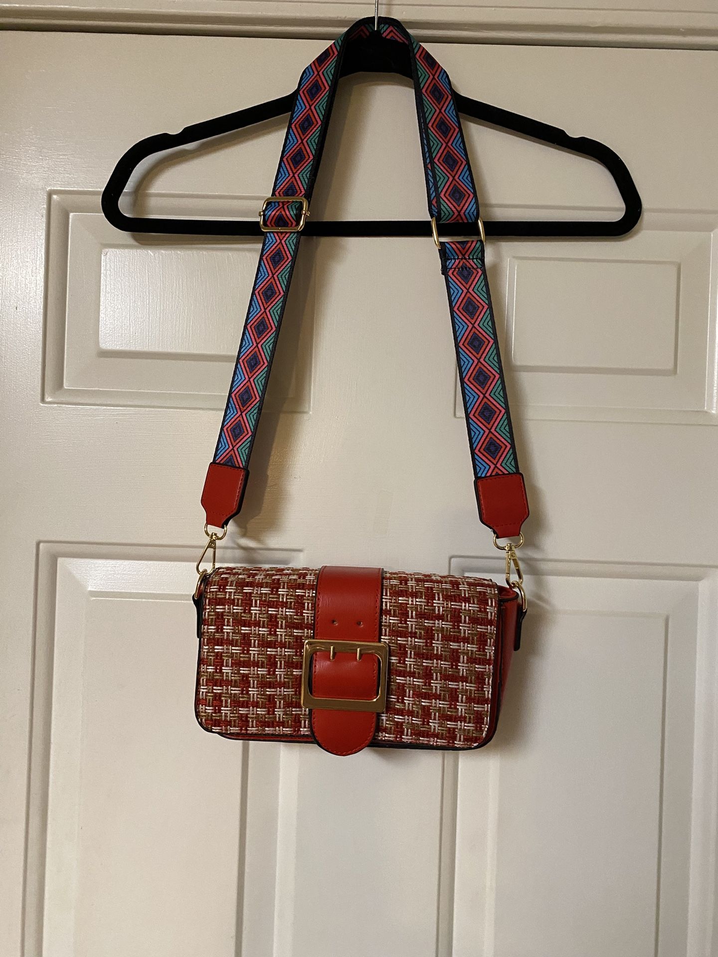 Woven Tweed Crossbody Purse W/Guitar Strap