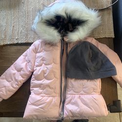 Toddler Girls Solid with Faux Fur Trim Jacket and Fleece Beanie Set