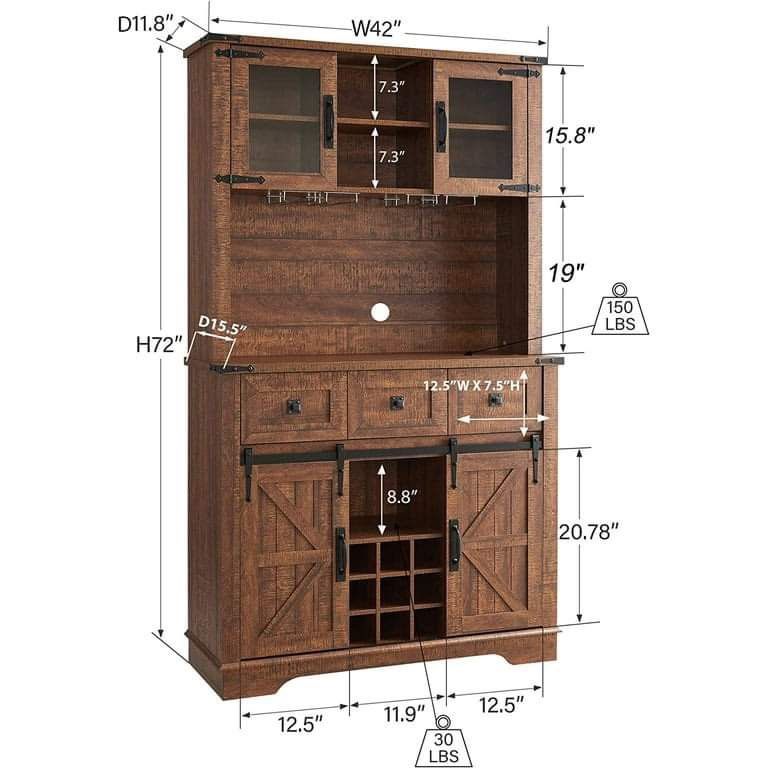 OKD Wood Bar Kitchen Pantry Storage Cabinet with Wine and Glass Rack, Drawers, Adjustable Shelves (New in box )