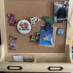 Collectible Pins Including Cork Board