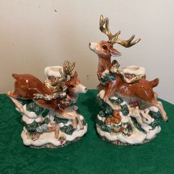 1996 Vintage Fitz & Floyd Snowy Woods Reindeer Candle Holder Set Rare