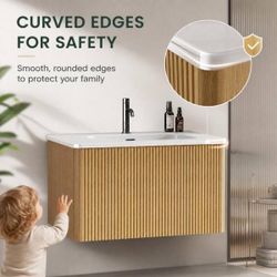 30" Striped Natural Oak Floating Bathroom Vanity with White Ceramic Sink, Pre-assembled