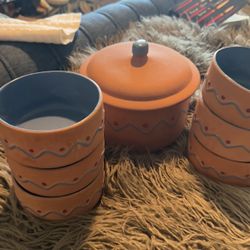 Terra-Cotta Six Bowls And Pot 