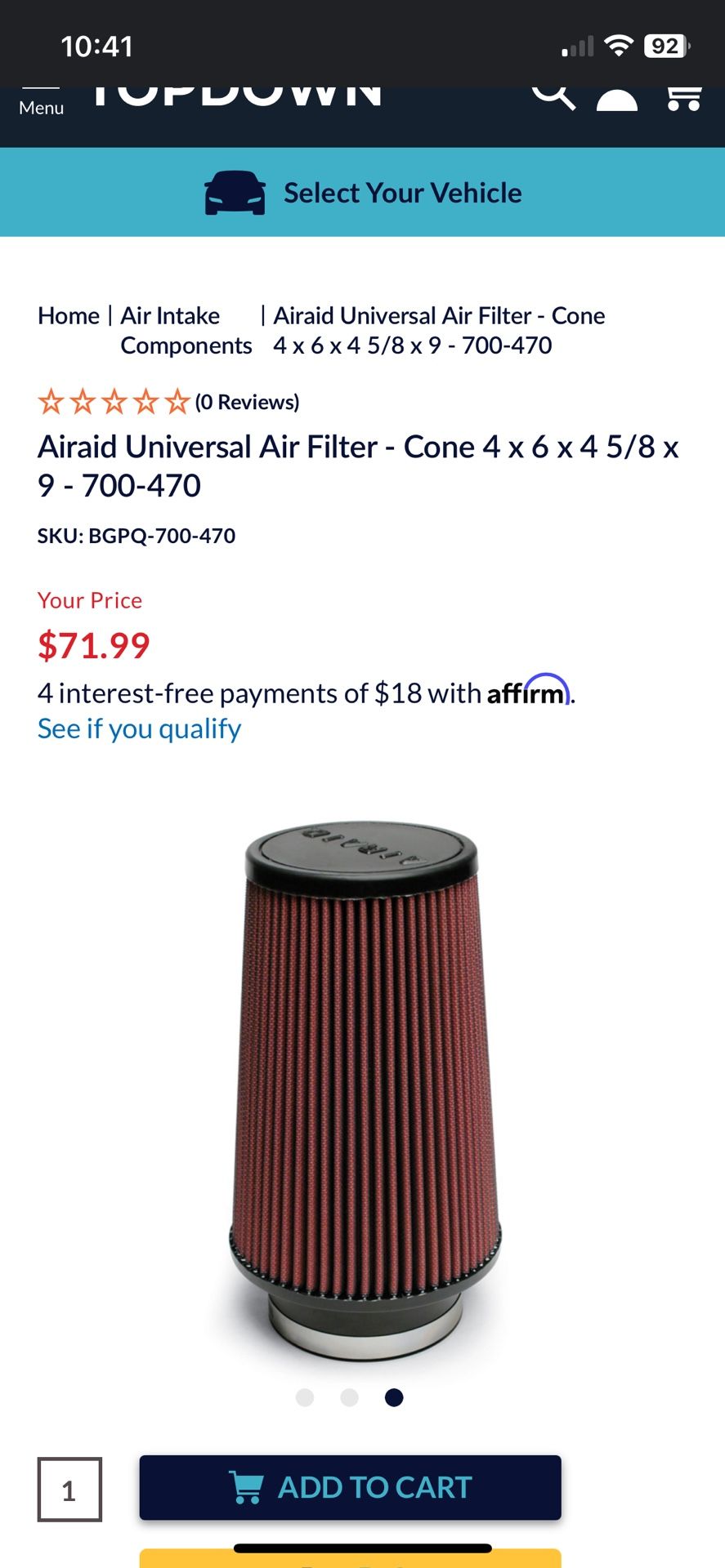 Intake Air Filter 4” X 9”