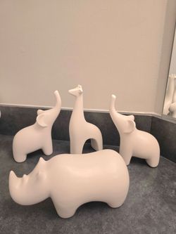 ​Modernist Ceramic Safari Animals - White Elephant, Giraffe & Rhino Shelf Decor