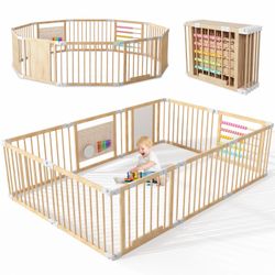 NAIZEA Wooden Playpen, Foldable Baby Playpen Fence Play Area w/ Gate 10 Panels