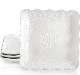 Set of 4 Square Embossed Ceramic Plate, 10 Inch Elegant Dinner Plates Ivory White, Appetizer Salad Serving Plates Kitchen Plates for Christmas Afterno