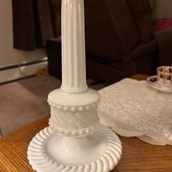 vintage white milk glass table lamp with a swirl or twist pattern, likely from the Mid-Century Modern era (around the 1960s)