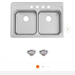 Glacier Bay
33 in. Drop-In 50/50 Double Bowl 20 Gauge Stainless Steel Kitchen Sink with Accessories