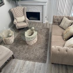 Custom Tufted couch, 2 Winged Armchairs And 2 Stone Glass Tables
