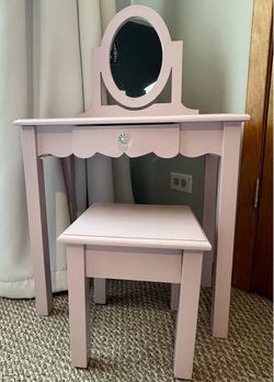 Kids Pink Vanity Set with Mirror and Stool