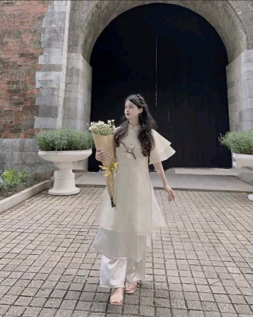 Ao dai Tet Vietnam Traditional white Morden dress size XS