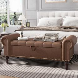 60” Bench with Storage Faux Leather End of Bed Bench with Tufted Button, Ottoman Bench with Rolled Arms & Vintage Rivets for Foot of Bed,