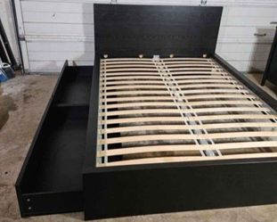 Queen Size Bed Frame With 2-Drawers, Good Conditions 👍, Black Color, Delivery Available For Fees