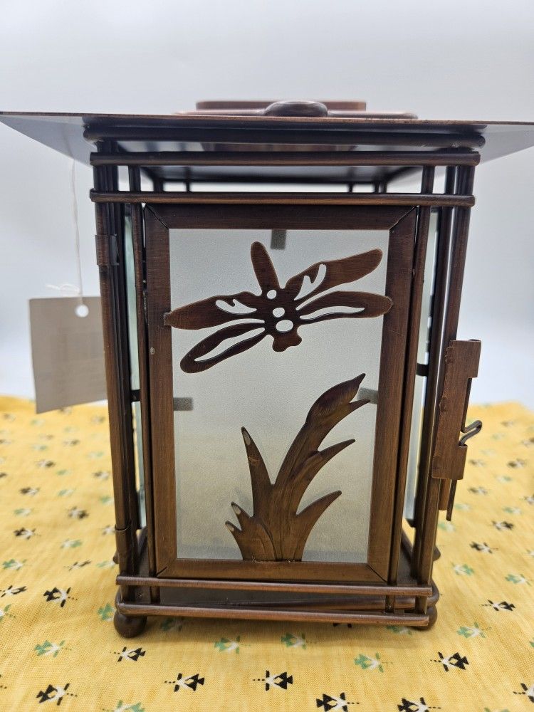 NWT Three Hands Corp Brushed Metal Candle Holder Dragonfly Lantern
