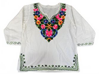 Mexican Floral Embroidered White Cotton Peasant Blouse 40 M