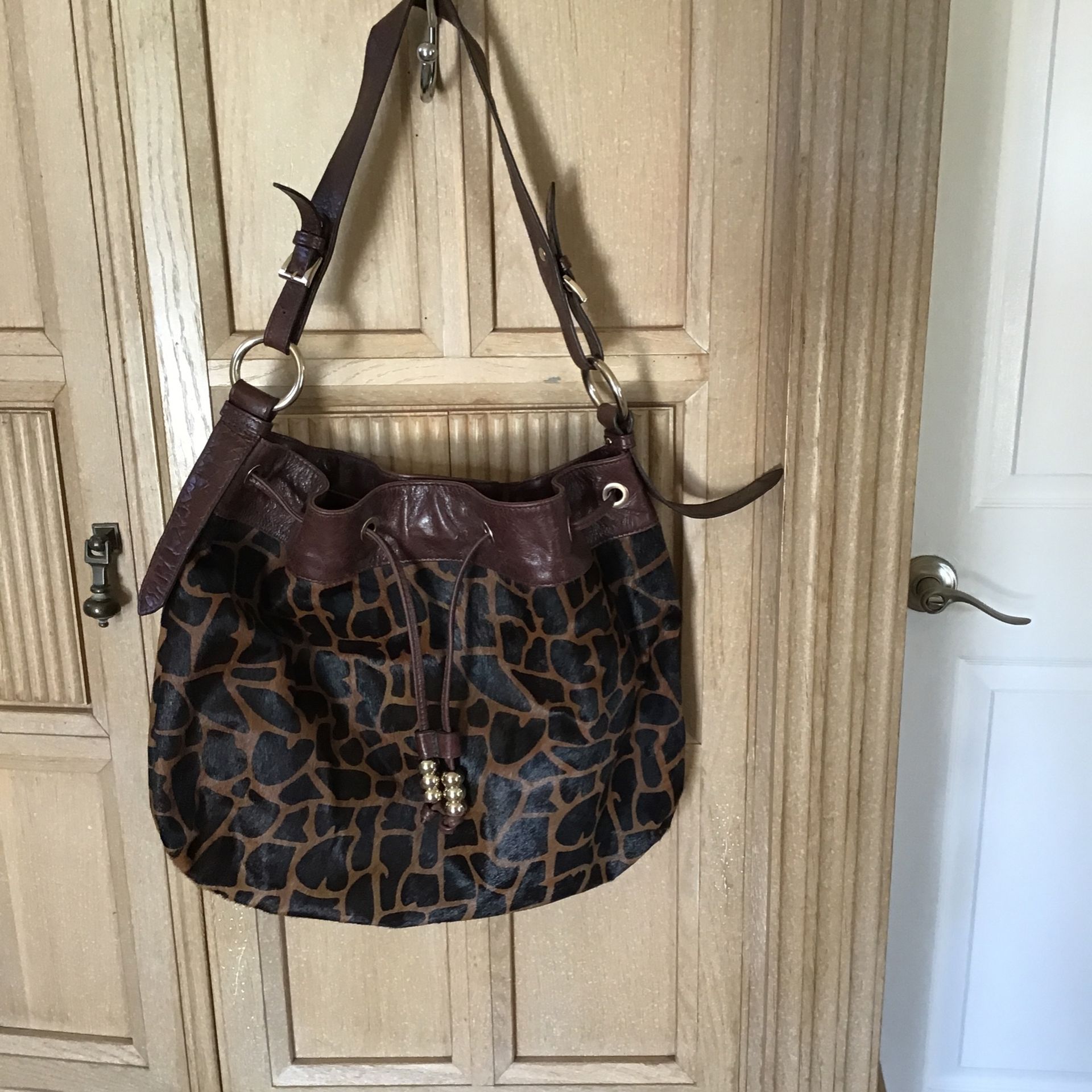 Women's Aqua Madonna Leather Giraffe Fur Hobo Handbag