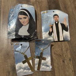 Nun Headpiece, White And Gold Cross Stole And 2 Nun Crosses 