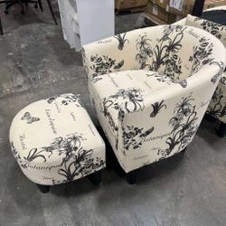 Modern Accent Chair with Ottoman for Small Space, Club Chair with Ottoman Set, Comfy Fabric Barrel Reading Chairs for Living Room Bedroom, Round Readi