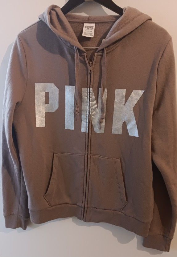NWOT Victoria's Secret Pink Zip Hoodie Sz L Brown