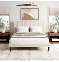 Full Size Bed Frame with Velvet Upholstered Headboard, Platform Bed with Strong Wood Slats