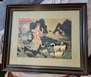 Large Vintage Chinese Silk Screen Print H CALPINI 1950's With Ornate Wood Frame