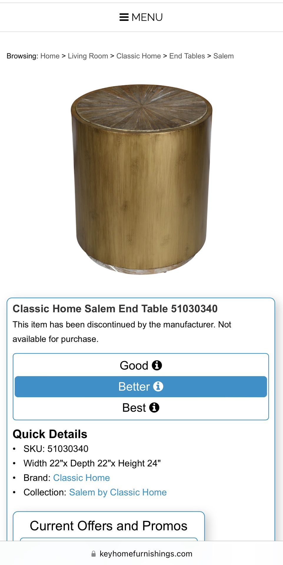 Classic Home Salem End Table - Copper