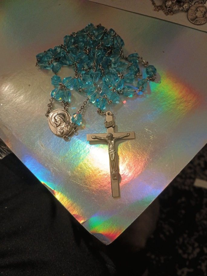 Baby Blue Australian Crystals Beads Glass Silver Cross Rosary