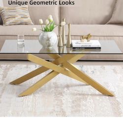 Gold Coffee Table for Living Room, Modern Glass Coffee Table with 47" Tempered Glass Top and Metal Tubular Legs for Small Space, Apartment, Office