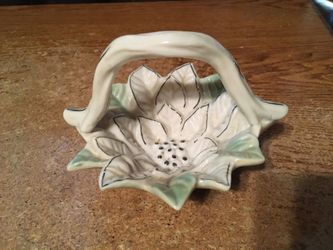 Small porcelain-handed basket white and green flower silver tone outline 5x3.5 in