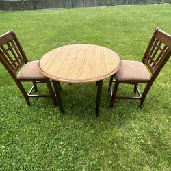 Wooden Round Table Down Leaf Both Side With 2 Solid Sturdy Wooden Chairs 