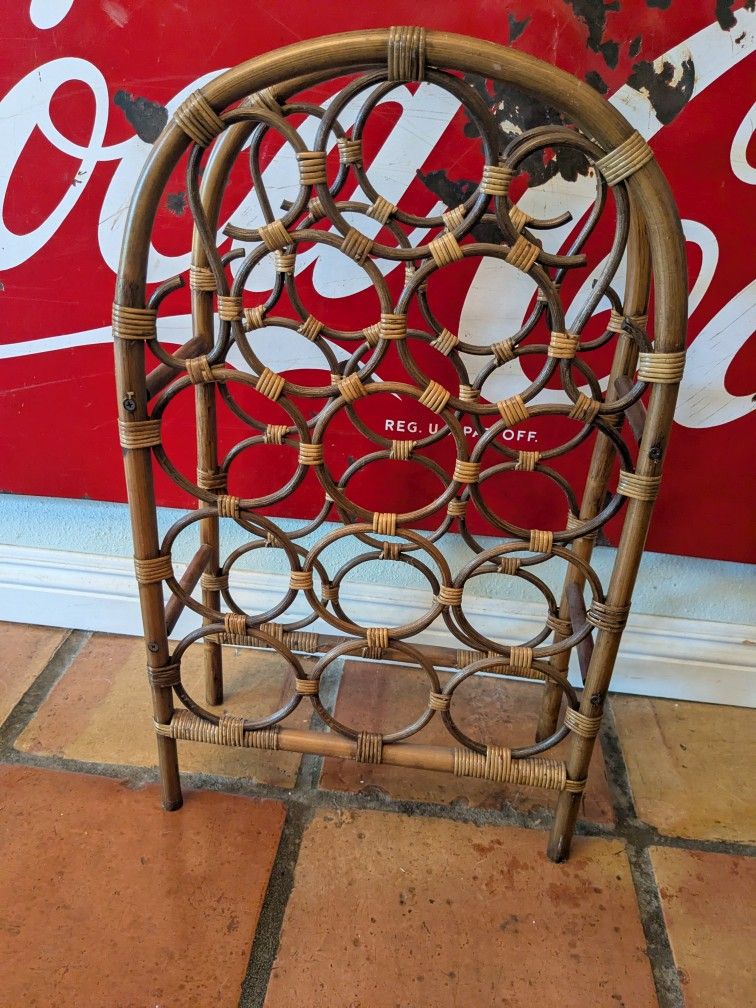 Vintage 1970s Bamboo Boho Tiki Bar Wine, Booze Bottle Rack Barware