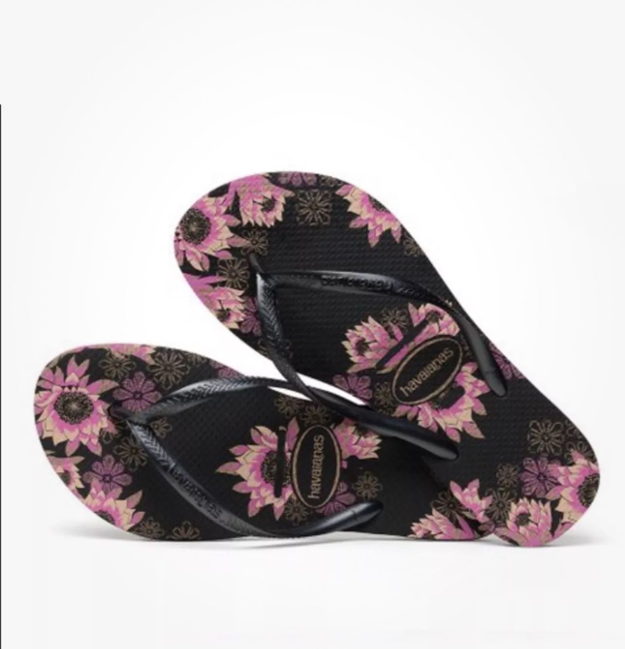NWT Havaianas Black & Rose Gold Slim Floral Flip-Flop Slip On Shoes Sz 11