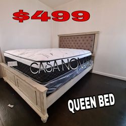 NEW BED FRAME QUEEN COMES IN THE BOX EURO PILLOW TOP BAMBOO MATTRESS AND BOX SPRING INCLUDED IN STOCK 