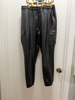 Women Black Faux Leather Cargo Jogger Pants