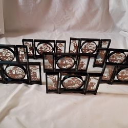 Full Set Of 8 Antique San You Chinese Black Lacquer Carved Cork Folding Screen Dioramas