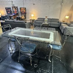 Glass Top Dining Table With Iron Base And 4 Chairs