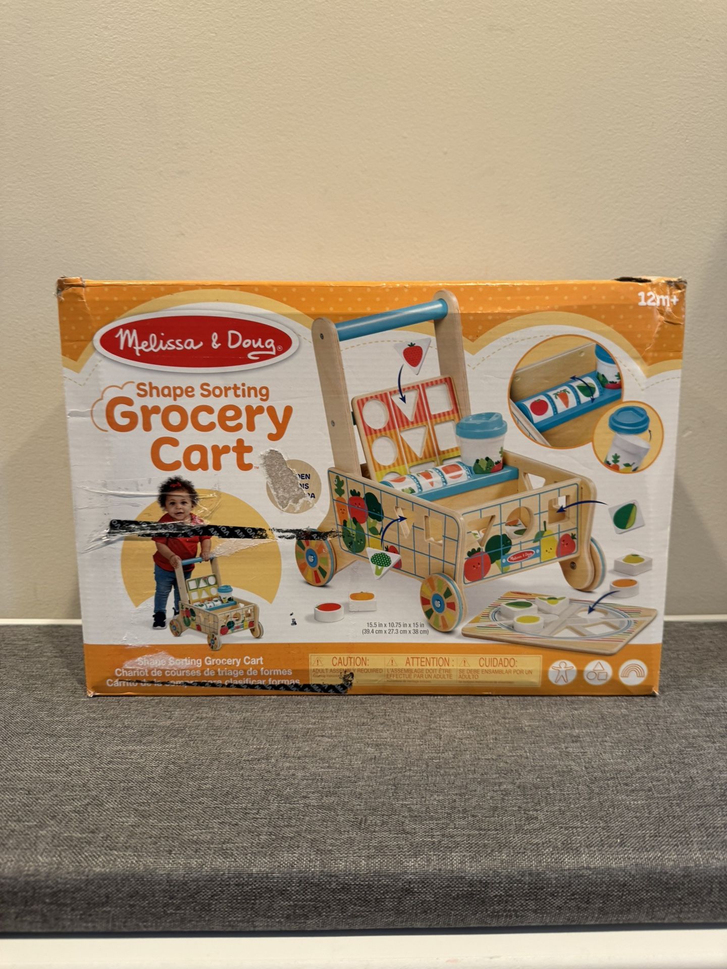 NIB -Melissa & Doug Wooden Shape Sorting Grocery Cart Push Toy and Puzzles