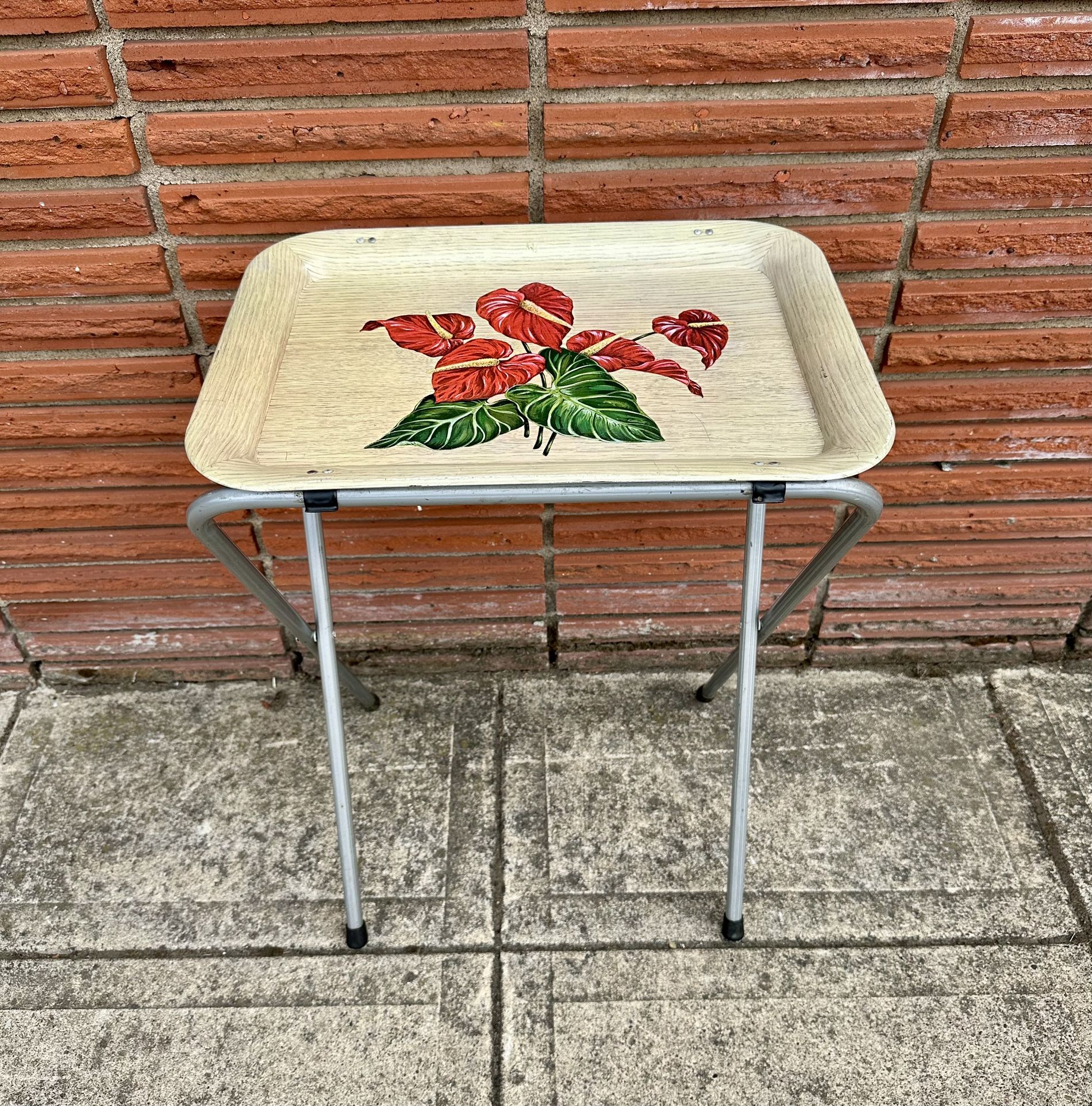 Vintage Small Metal Flamingo Flower T.V. Tray
