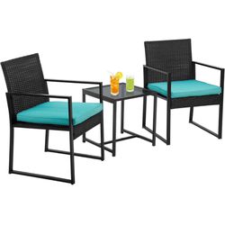 PayLessHere 3-Piece Rattan Wicker Bistro Set Outdoor Conversation Set Sturdy Frame Wicker Furniture with 2 Chairs Cushions Tempered Glass Table for Po
